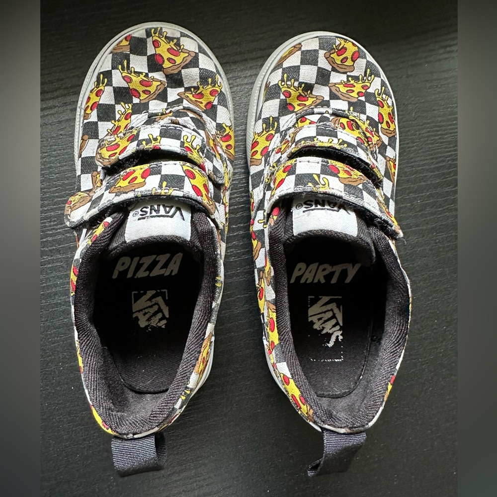 Vans Pizza Black & White Checkered Velcro Strap Toddler Shoes Size 9